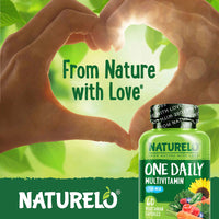 #60_capsules Naturelo One Daily Multivitamin bottle with hands forming a heart shape against a green background.