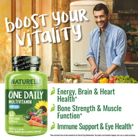 #60_capsules Naturelo One Daily Multivitamin bottle with a man preparing food in the background, promoting health benefits.