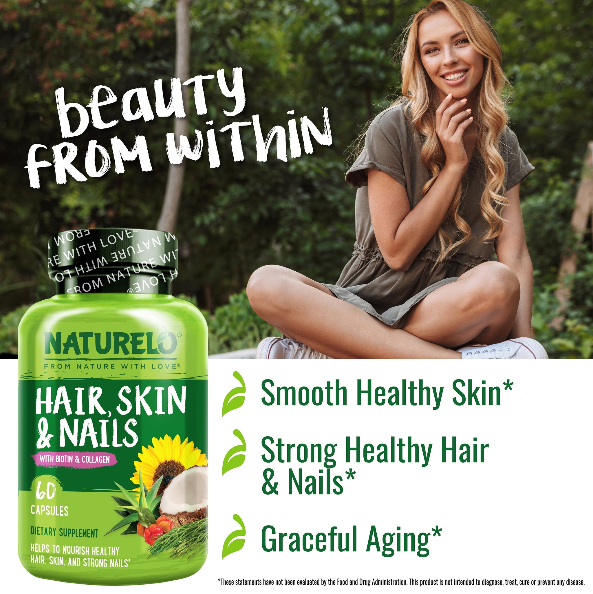 Hair, Skin & Nails Vitamins with Biotin & Collagen Naturelo Premium