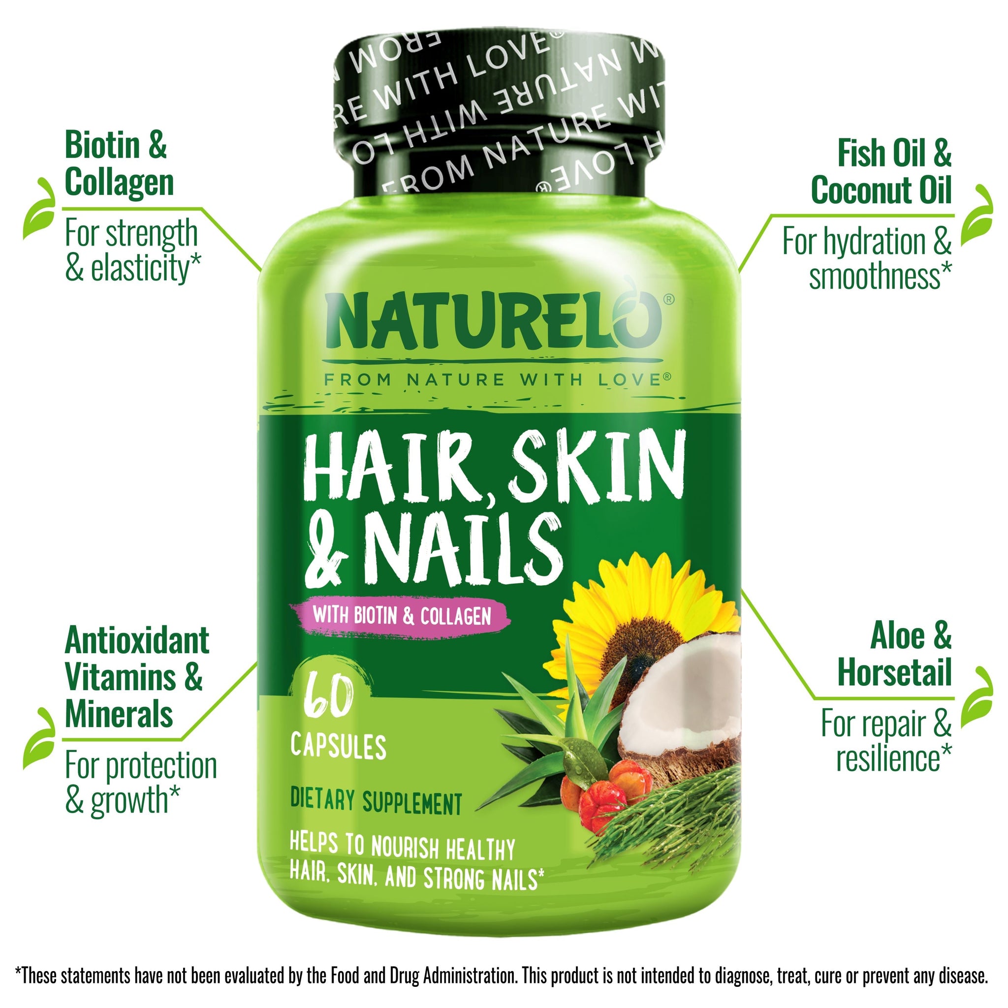 Hair, Skin & Nails Vitamins with Biotin & Collagen Naturelo Premium