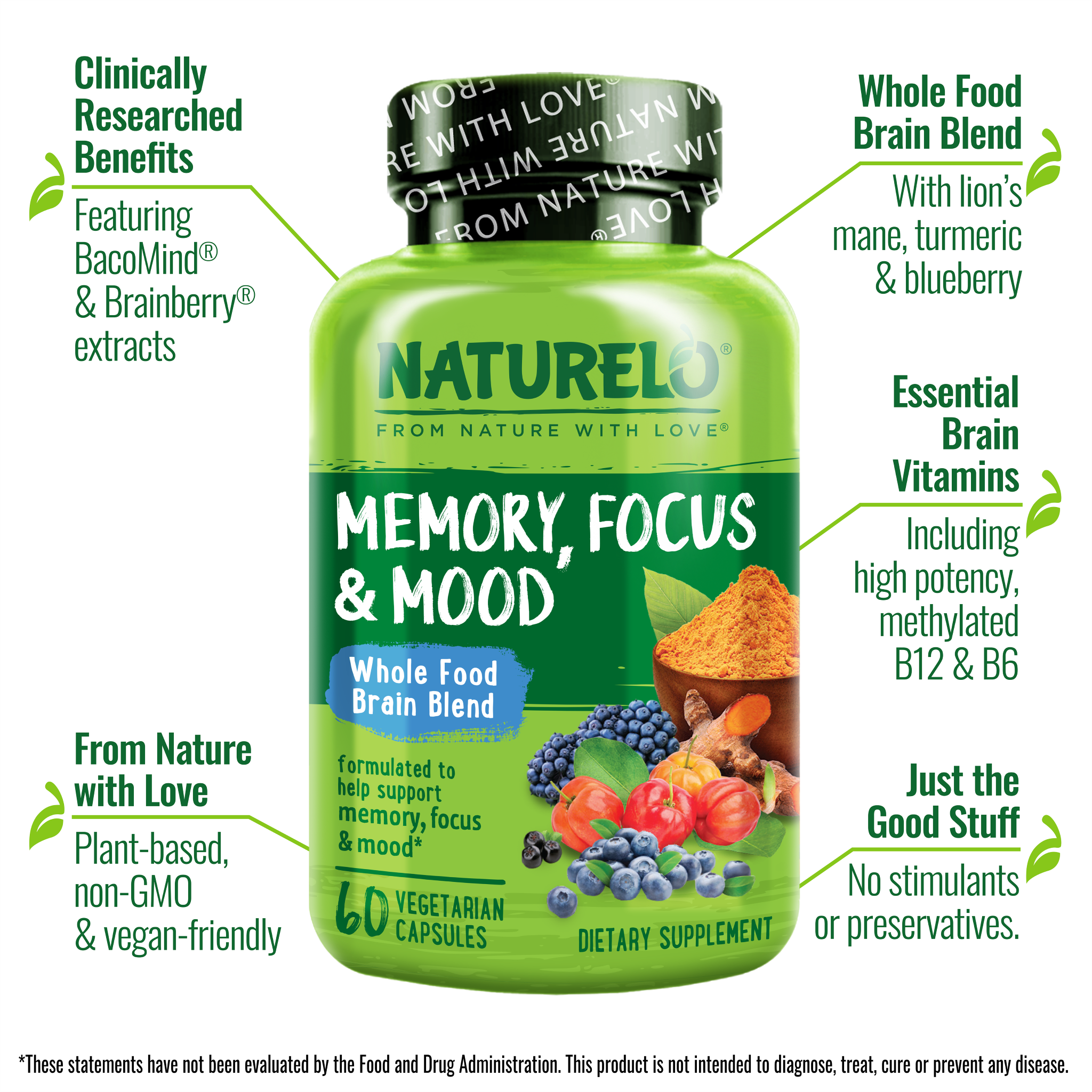 Whole Food Brain Blend Supplement | Naturelo Premium Supplements